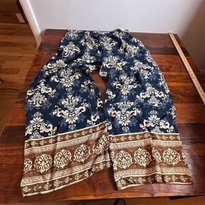 Halogen Pants Womens XL Navy Blue & Cream Damask Wide-Leg Palazzo Pull On
